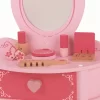 Hape Toys Petite Pink Vanity Toy Wooden Beauty Desk With Drawer, Mirror, And Pretend Makeup Kit, Hairbrush, Lipstick Roll, Compact, Perfume, And Puffs