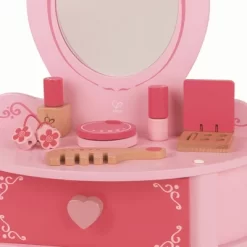 Hape Toys Petite Pink Vanity Toy Wooden Beauty Desk With Drawer, Mirror, And Pretend Makeup Kit, Hairbrush, Lipstick Roll, Compact, Perfume, And Puffs
