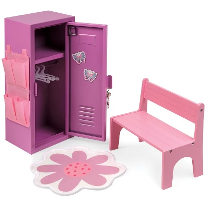 Badger Basket School Style Single Doll Locker Set With Bench, Rug And Accessories - Purple/Pink 3 Badger Basket School Style Single Doll Locker Set With Bench, Rug And Accessories - Purple/Pink - Image 3