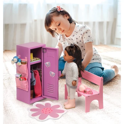 Badger Basket School Style Single Doll Locker Set With Bench, Rug And Accessories - Purple/Pink 2 Badger Basket School Style Single Doll Locker Set With Bench, Rug And Accessories - Purple/Pink - Image 2