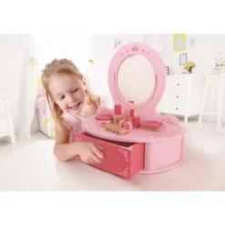 Hape Toys Petite Pink Vanity Toy Wooden Beauty Desk With Drawer, Mirror, And Pretend Makeup Kit, Hairbrush, Lipstick Roll, Compact, Perfume, And Puffs -Dollhouse Dreams Deals Store GUEST 841b06cd dbbd 461a a794 f578c48323d9