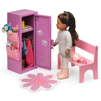 Badger Basket School Style Single Doll Locker Set With Bench, Rug And Accessories - Purple/Pink 1 Badger Basket School Style Single Doll Locker Set With Bench, Rug And Accessories - Purple/Pink
